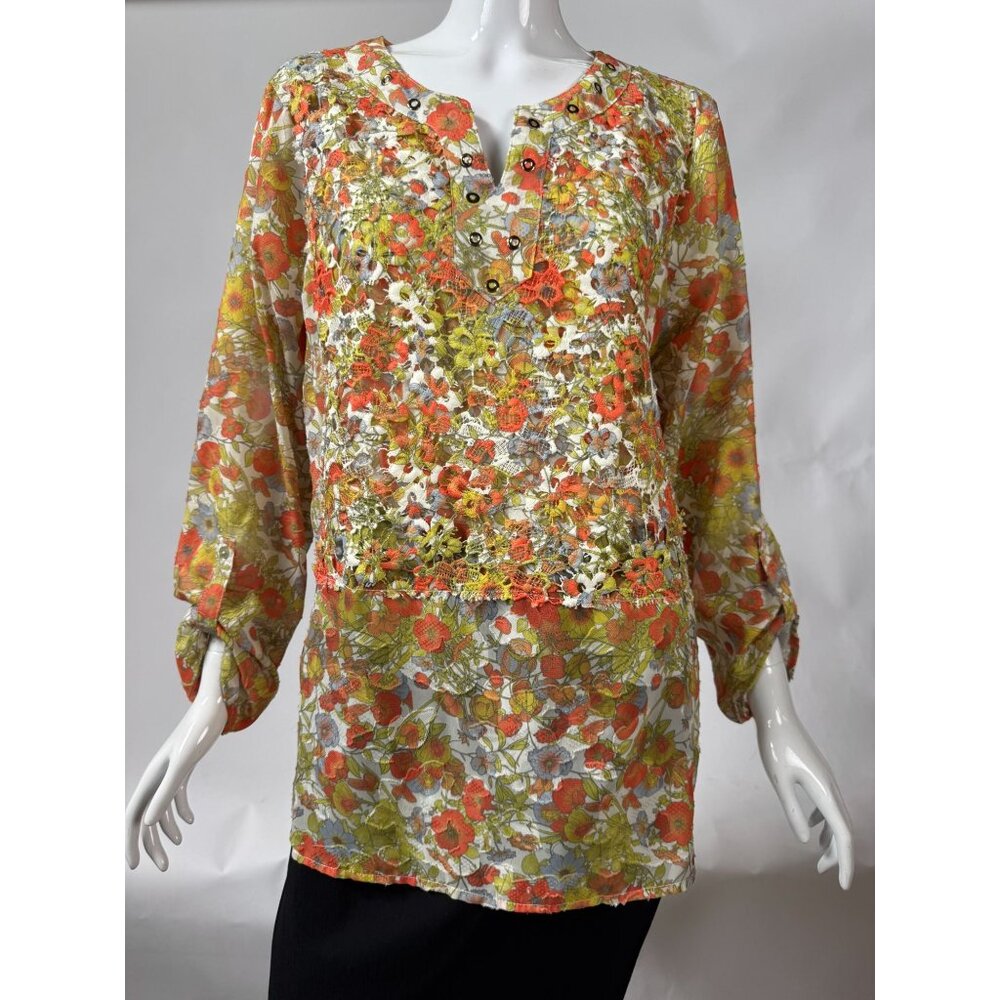 Multiples Womens L Floral Lace Top With Grommet Details Polyester/Rayon Blend